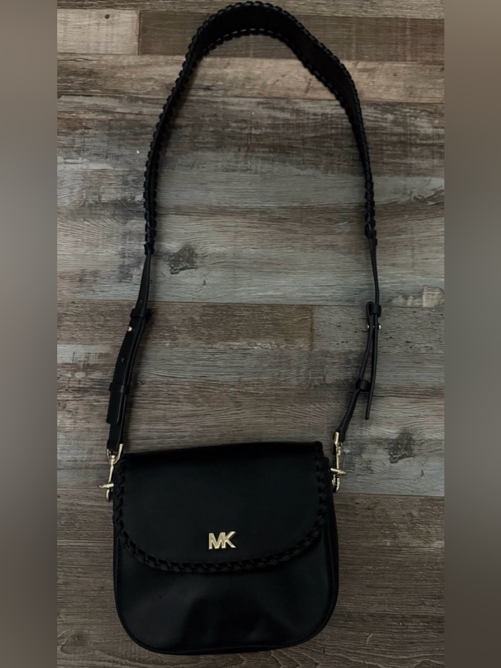 Michael Kors Black Leather Crossbody with Braided Strap and Gold MK
